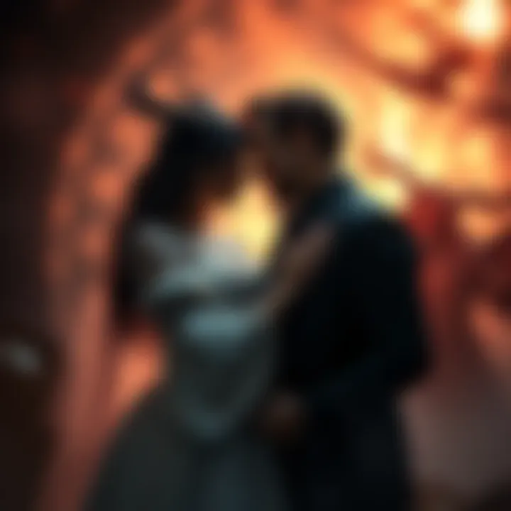 A couple expressing their deep connection in a magical atmosphere, with hints of fantasy elements around them, representing their unique relationship with infernals or demons.