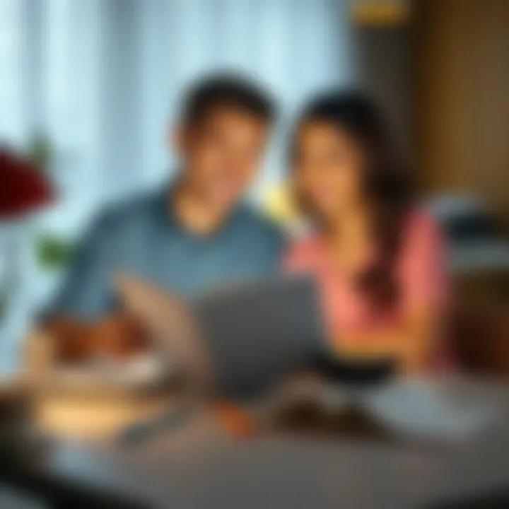 A 23-year-old couple sitting together at a table with a planner and wedding materials, discussing their future marriage life, smiling and focused on their plans