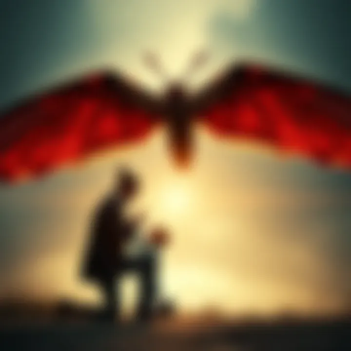 A couple kneeling on one knee during an engagement proposal, with a figure resembling Mothman watching over them in the background.