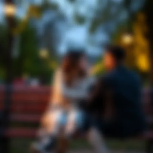 A couple sitting together on a park bench, discussing their feelings and reconnecting after a breakup, demonstrating support and understanding