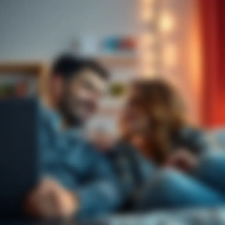 A long-distance couple smiling at each other during a video call, symbolizing their revived love with subliminal healing