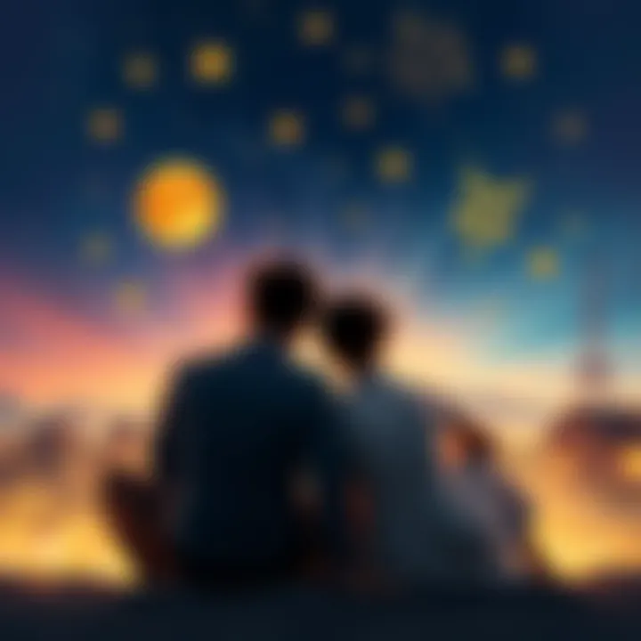 A couple sitting together, deep in thought about their relationship and past actions, surrounded by stars and astrological symbols.