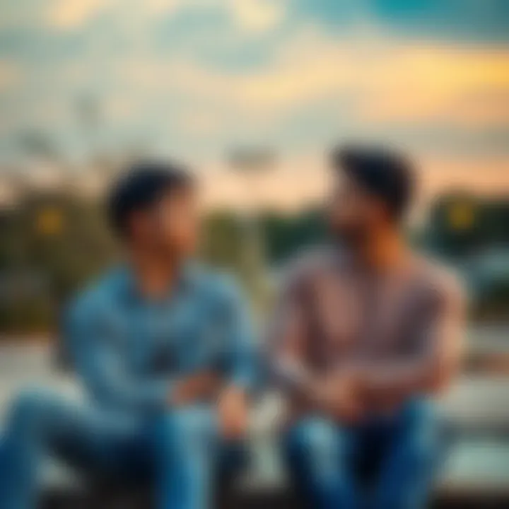 A couple sits together outdoors, deep in conversation, showing mixed emotions as they ponder their relationship changes after deciding to be together.