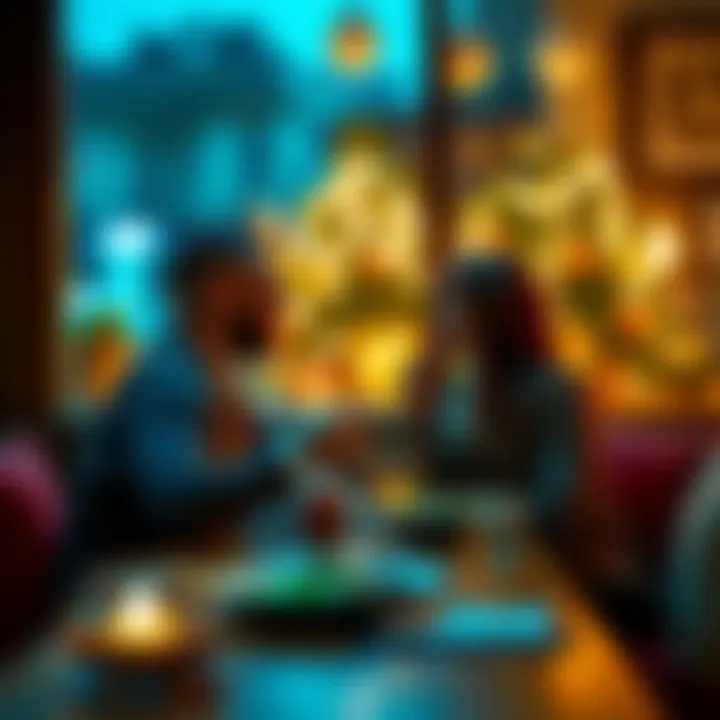 A couple sitting at a cozy table, sharing a meal and smiling at each other, representing a Taurus relationship experience.