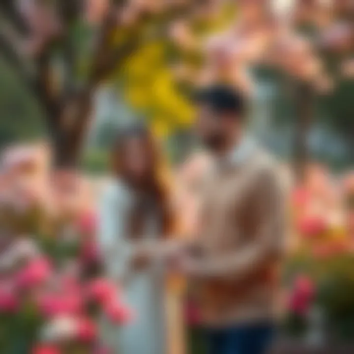 Couple Sharing a Romantic Moment A couple holding hands and smiling at each other in a park, surrounded by blooming flowers, showcasing their love and affection.