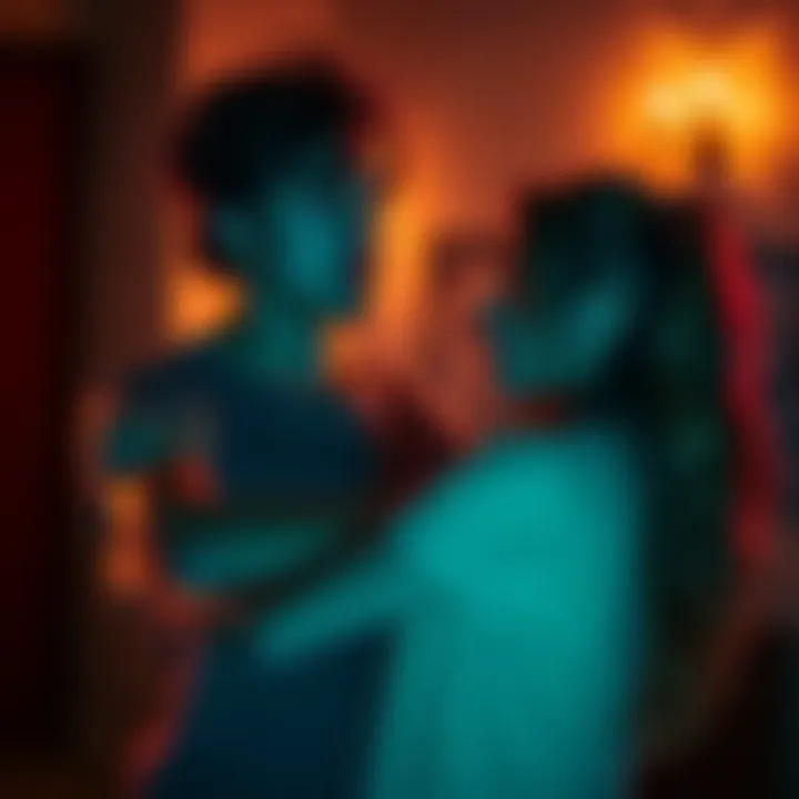 Couple with scratches on arm A worried couple examines scratches on the boyfriend's arm, looking concerned in their dimly lit home.