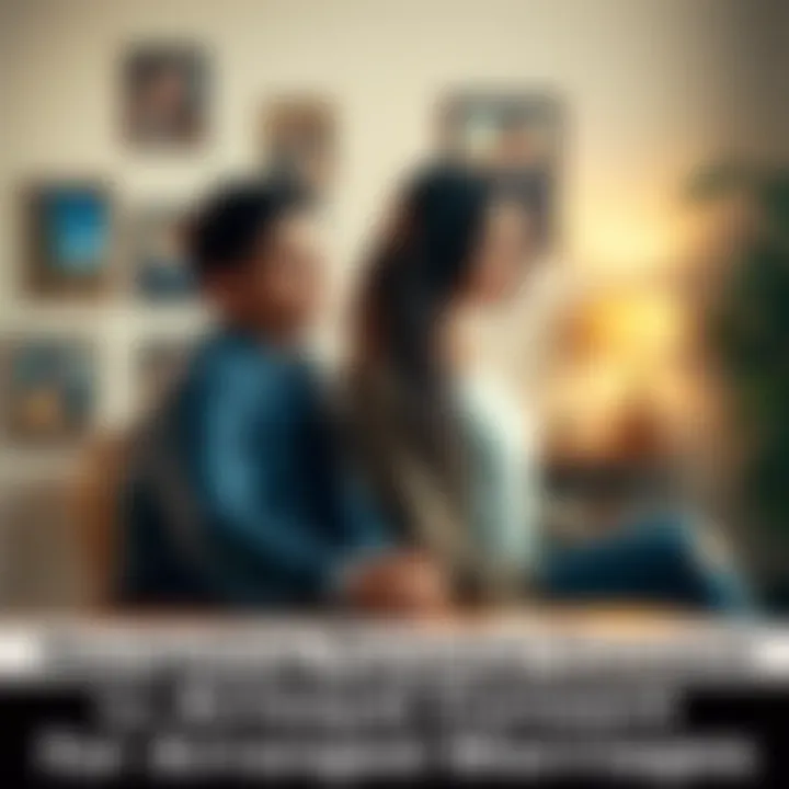 A young couple sitting at a table discussing their future together, looking determined while holding hands. Family photos are in the background, symbolizing family ties and approval.