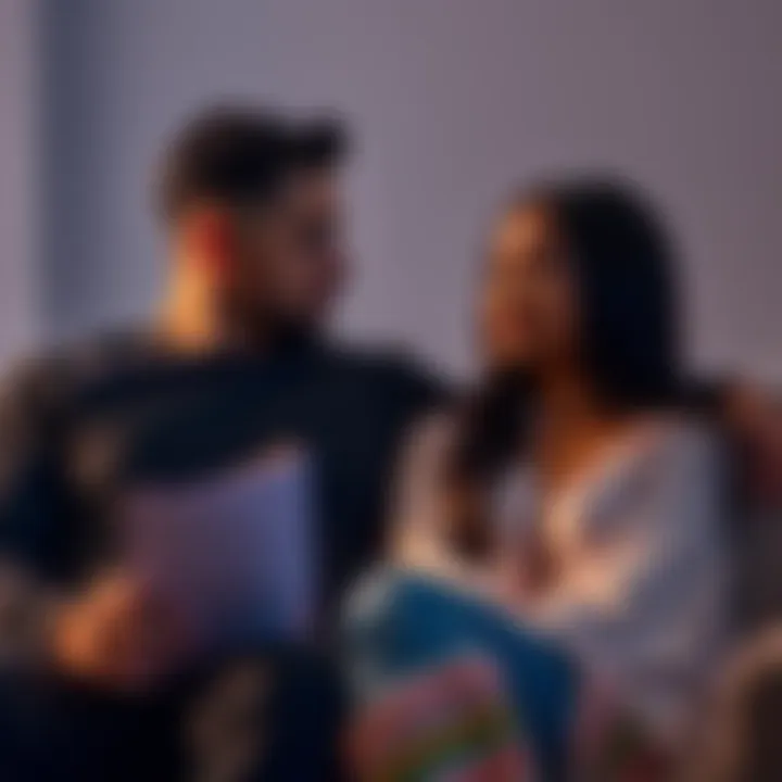 A couple sitting on a couch looking at each other seriously while discussing their relationship feelings