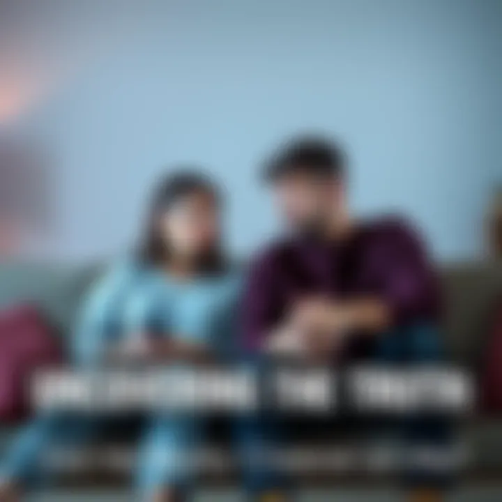 A couple sitting on a couch, looking serious while discussing relationship trust issues, with a worried expression on one partner's face.