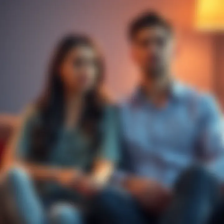 A couple sitting together with a serious expression, discussing their feelings after a betrayal. The woman appears emotional while the man looks regretful, symbolizing the effort to rebuild trust in a relationship.