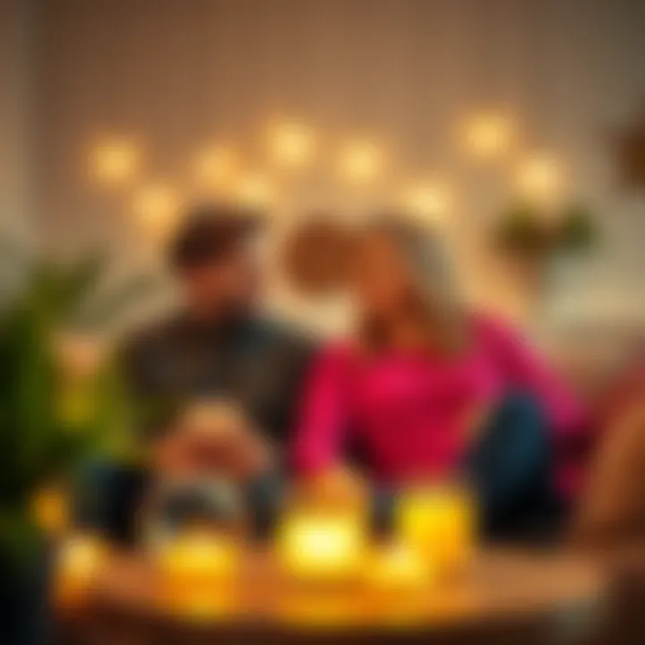 A couple sitting together, smiling and sharing positive affirmations while surrounded by uplifting decor.