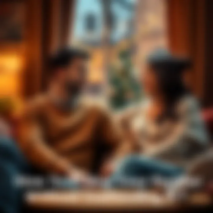 A couple sitting together, smiling and exchanging compliments in a cozy setting, showing affection and appreciation for each other.