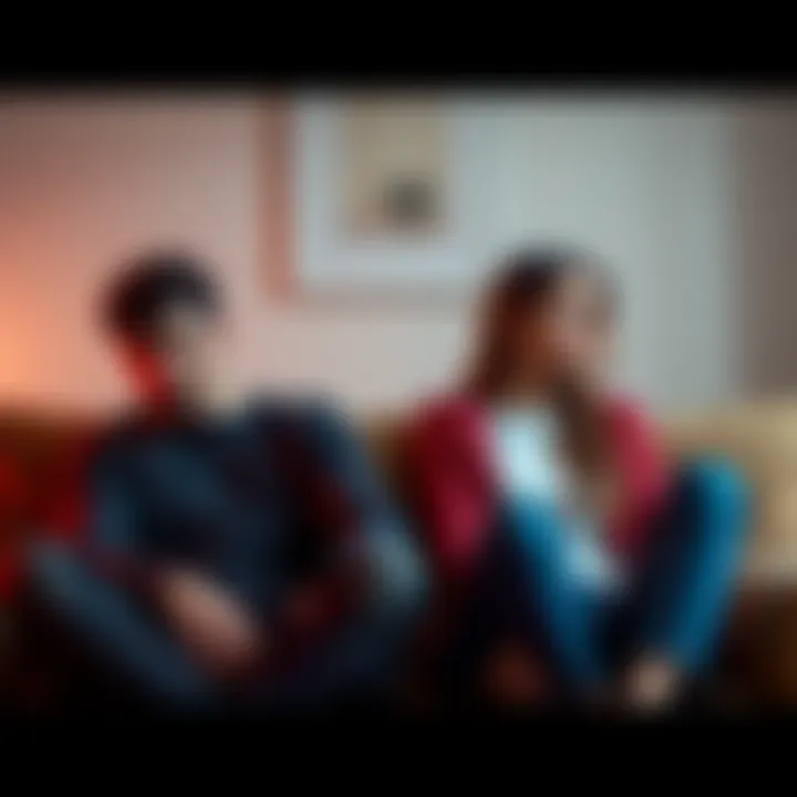 A woman and a man sit on a couch looking away from each other, showing a distance in their relationship. The man appears contemplative while the woman looks concerned.