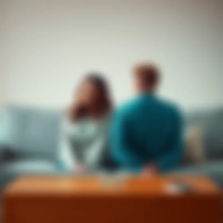 A distressed couple sitting on a couch, looking away from each other, showing signs of emotional struggle and disconnect.