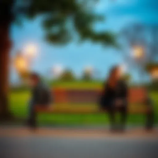 A young couple sitting apart on a park bench, showing visible sadness after a breakup, with one person looking away in thought, capturing the emotional distance between them.
