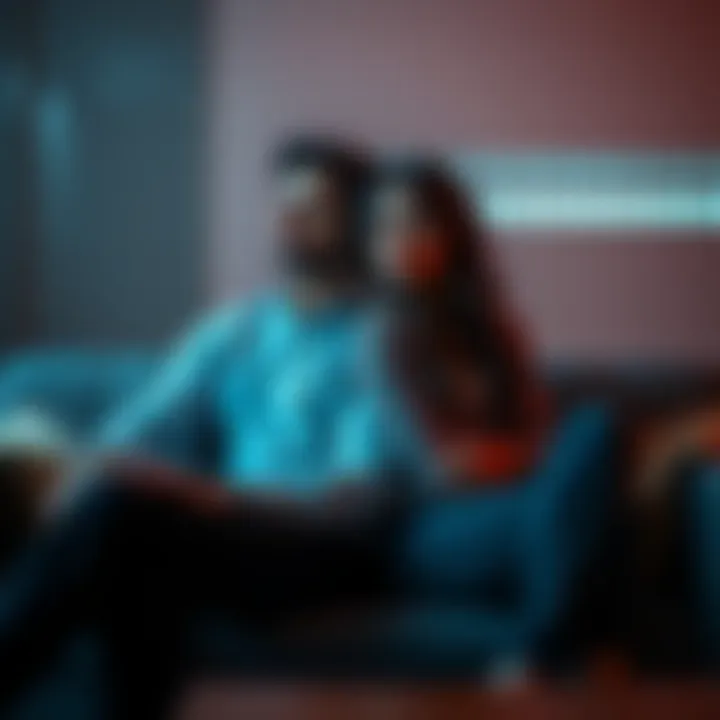 A couple sitting on a couch, looking away from each other with sad expressions, indicating a relationship struggle.