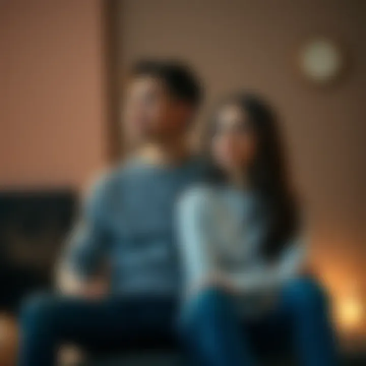 A woman and a man sitting side by side, looking thoughtful and engaged in a quiet moment, suggesting a conversation about their relationship