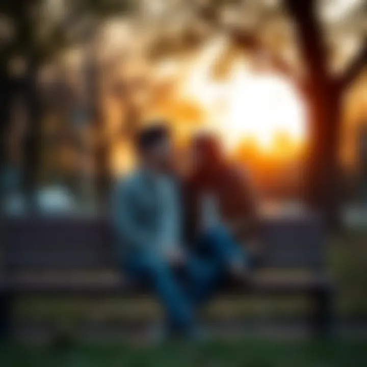 A couple sitting close together on a park bench, smiling and looking at each other, reflecting on their relationship, with a warm sunset in the background.