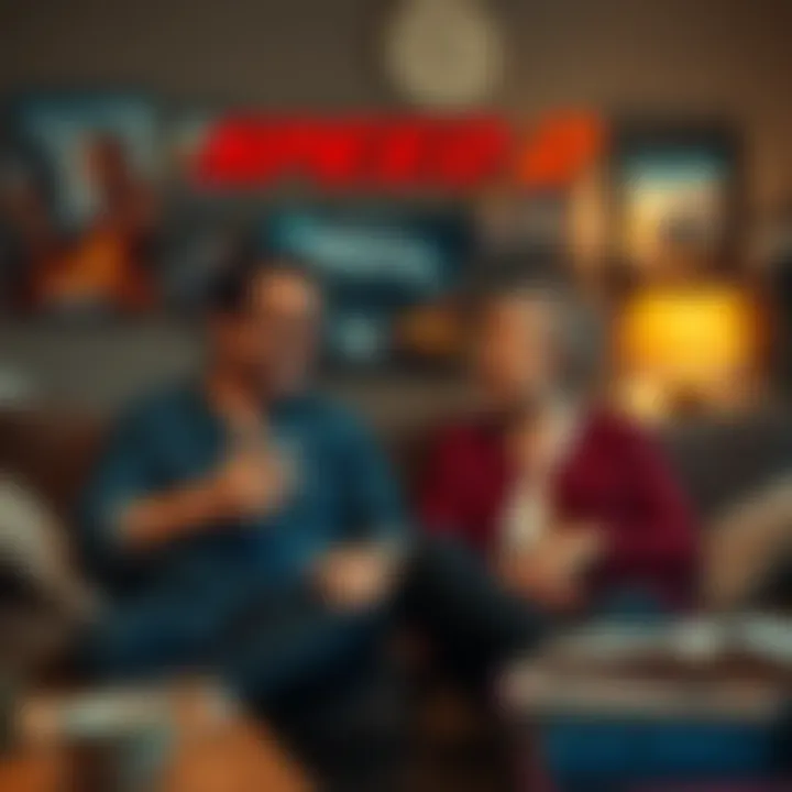 A couple sitting in their living room talking about the movie Speed 2, looking surprised and amused, with film posters in the background.