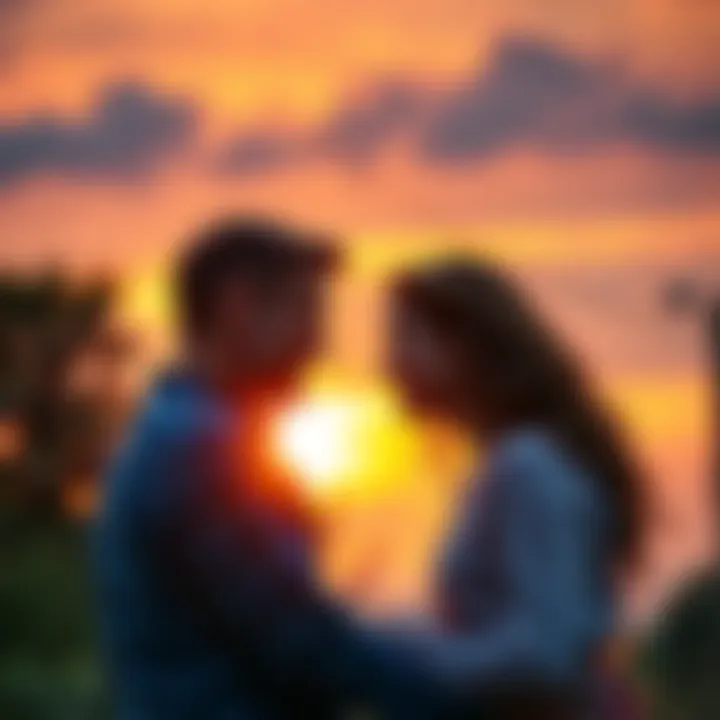 A Taurus and Aqua sharing a deep conversation during a beautiful sunset, surrounded by nature