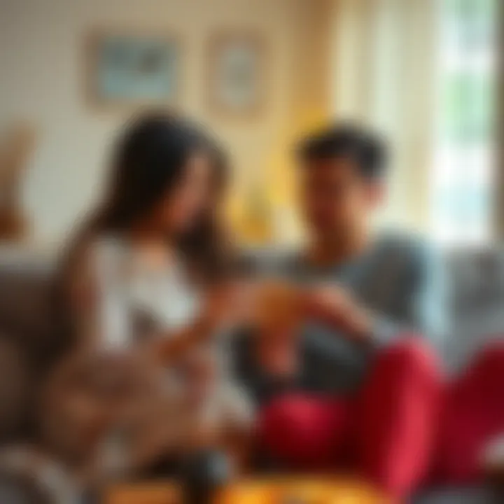 A couple is sitting on a cozy couch, holding tarot cards, discussing their feelings about their relationship