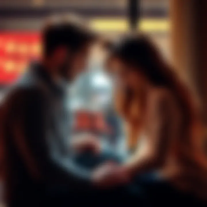 A couple sitting close together, gently tying their hair together during a moment of intimacy, symbolizing connection and commitment