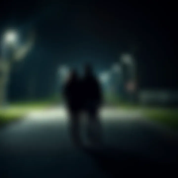 Couple Walking in Dark Park A couple walking through a dimly lit park at night, feeling tense after hearing a scream.