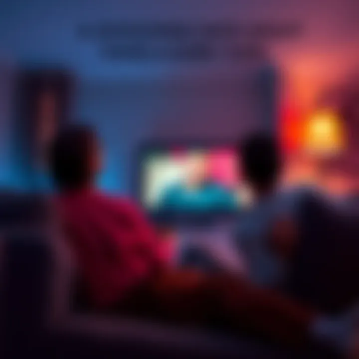 A couple sits on a couch, with a tense expression as they watch a disturbing homemade movie on a TV, revealing a dark secret.