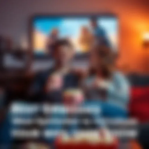 A husband and wife sitting on a couch, enjoying a TV show together with popcorn