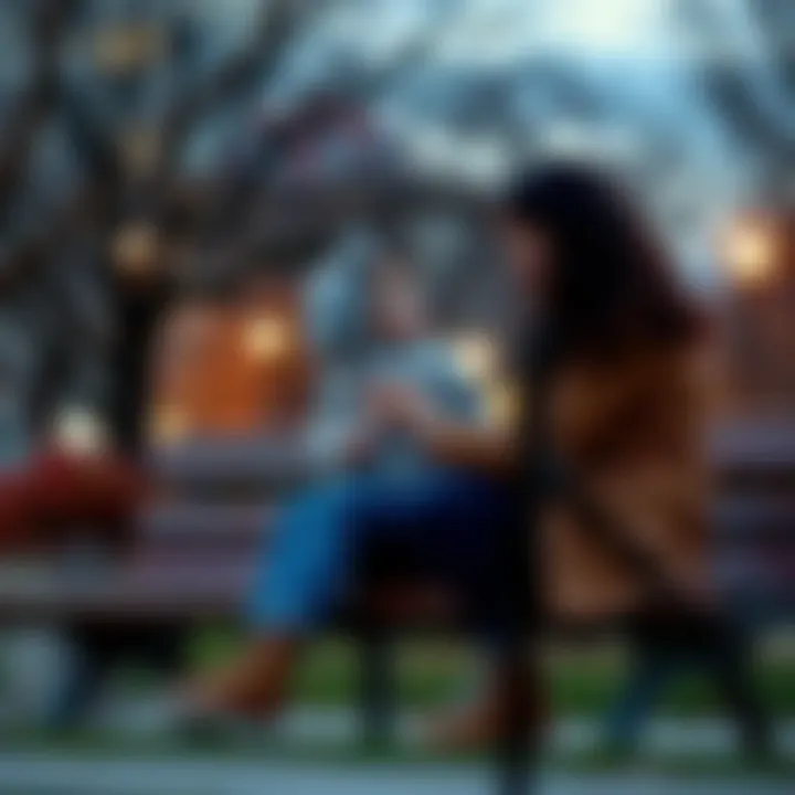 A man and woman sitting on a park bench looking at each other thoughtfully with a child playing nearby, suggesting a discussion about their past relationship.