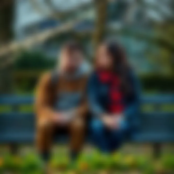 A couple sits on a park bench, appearing concerned and distant from each other, symbolizing emotional barriers in love.