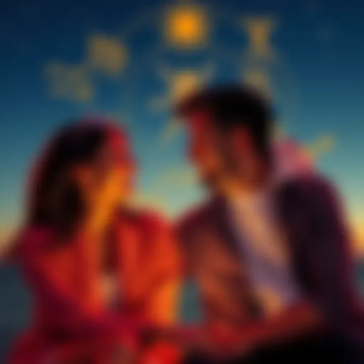 A couple sitting together, smiling and looking at each other, with zodiac signs in the background representing sun and Venus signs.