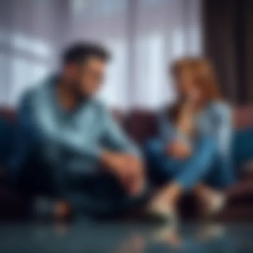 A couple sitting on a couch, looking upset while discussing their relationship issues.