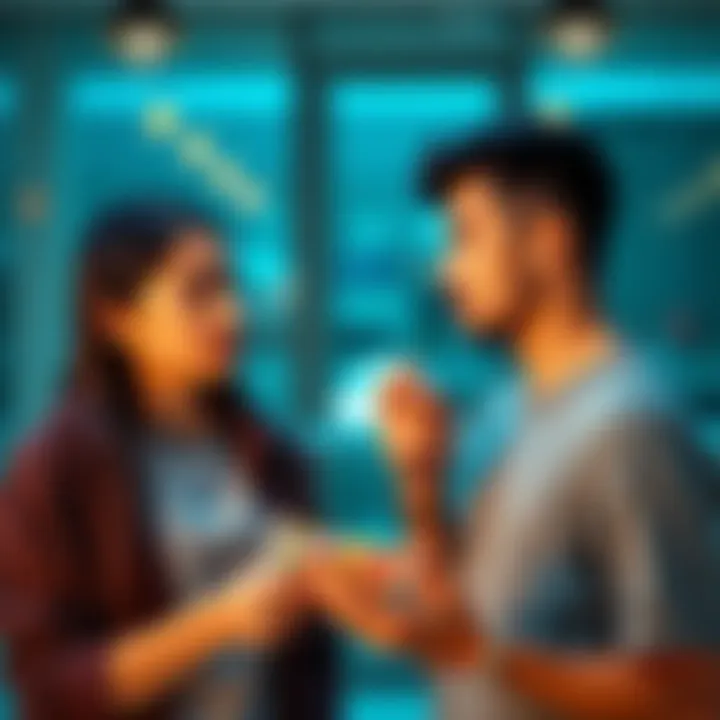 Man looks confused while woman holds a chocolate wrapper and gummy candy, showing tension in their conversation.