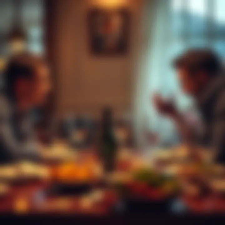 A couple in a heated argument at a dinner table, with empty wine glasses and uneaten food around them, showing tension and frustration.