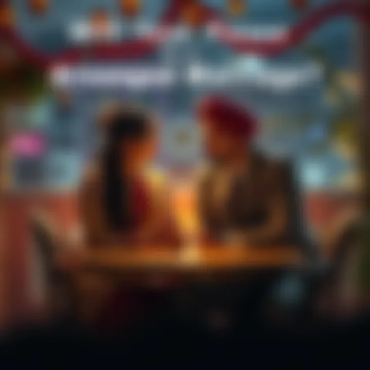 Couple discussing arranged marriage A couple sitting at a table, thoughtfully discussing arranged marriage options, with cultural symbols around them