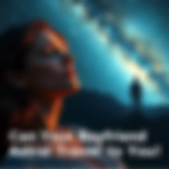 A woman in a serene setting, eyes closed, surrounded by stars, while a faint silhouette of a man is seen reaching out toward her from a distance.