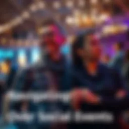 A couple stands together at a social event, with the husband smiling and the wife looking unsure and apprehensive, showcasing the struggle of attending social gatherings.