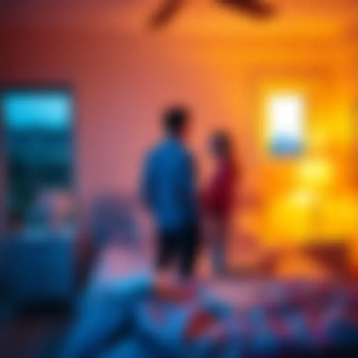 A couple discussing where to place their bed in a bedroom near the entrance