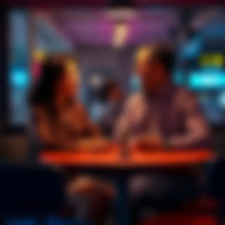 Couple discussing breakup A couple sitting at a table, smiling while talking about a humorous breakup related to a detective game, with playful expressions.