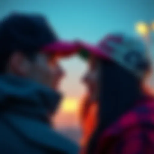 A couple with different colored caps looking at each other, expressing mixed emotions about their relationship.