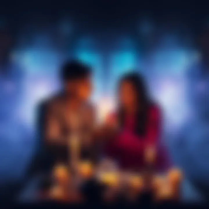 A couple performing a ritual to protect their relationship from outside influences, surrounded by candles and crystals.