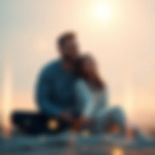 A couple sitting together in a serene setting, holding hands and smiling, surrounded by soft light and positive energy symbols, representing the transformation of their relationship through energy cle...