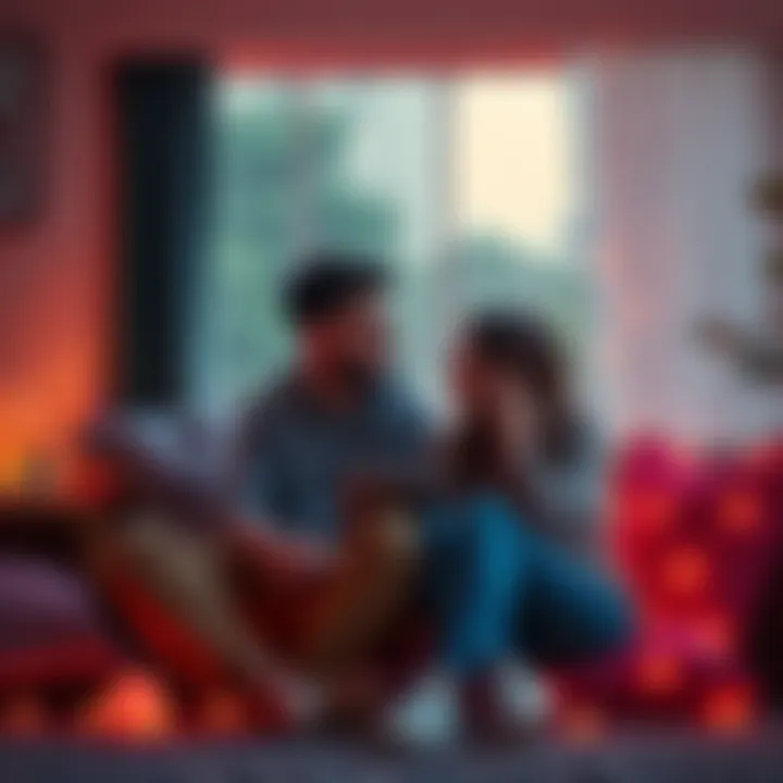 A couple sitting together in a cozy setting, sharing a moment of comfort after a disagreement, showing warmth and understanding towards each other.