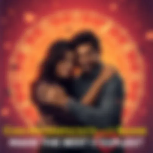 A couple happily embracing, representing love across different astrological signs, with zodiac symbols in the background