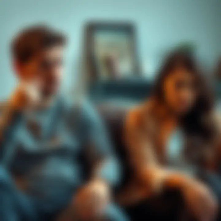 A man and woman sit together, visibly upset as they discuss their differing beliefs. The man looks concerned while the woman appears frustrated, highlighting the tension in their relationship over faith.