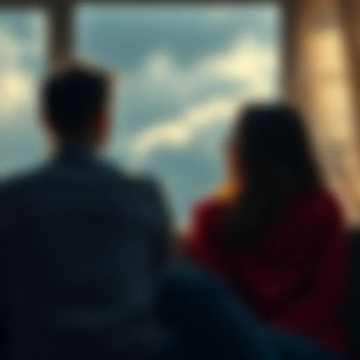 Couple looking confused A couple sitting together, appearing frustrated and confused about their relationship, with cloudy weather outside the window