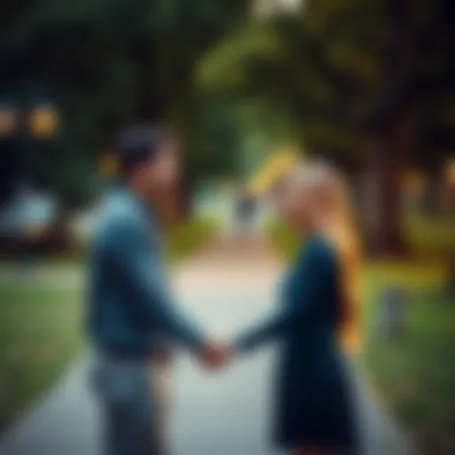 A happy couple holding hands in a park, symbolizing love and connection while letting go of past relationships.