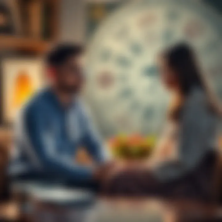 A couple sits with an astrologer, looking concerned as they discuss marriage compatibility and potential risks, with astrological charts in the background.