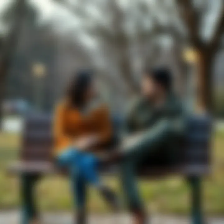 Couple in deep conversation A couple sitting on a park bench, deep in conversation with expressions of concern and nostalgia, reflecting on their past relationship.